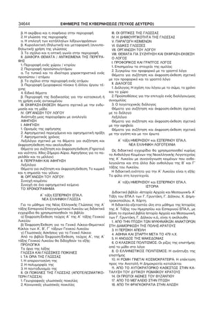 34644 ΕΦΗΜΕΡΙΣ ΤΗΣ ΚΥΒΕΡΝΗΣΕΩΣ (ΤΕΥΧΟΣ ΔΕΥΤΕΡΟ) 
β. Η ακρίβεια και η σαφήνεια στην περιγραφή 
2. Η γλώσσα της περιγραφής 
α. Η επιλογή των κατάλληλων λέξεων/φράσεων 
β. Κυριολεκτική (δηλωτική) και μεταφορική (συνυπο− 
δηλωτική) χρήση της γλώσσας 
3. Το σχόλιο και η οπτική γωνία στην περιγραφή. 
ΙΙ. ΔΙΑΦΟΡΑ ΘΕΜΑΤΑ / ΑΝΤΙΚΕΙΜΕΝΑ ΤΗΣ ΠΕΡΙΓΡΑ− 
ΦΗΣ 
1. Περιγραφή ενός χώρου / κτιρίου 
2. Περιγραφή προσώπου/ατόμου 
α. Τα τυπικά και τα ιδιαίτερα χαρακτηριστικά ενός 
προσώπου / ατόμου 
β. Το σχόλιο στην περιγραφή ενός ατόμου 
3. Περιγραφή ζωγραφικού πίνακα ή άλλου έργου τέ− 
χνης 
4. Ειδικά θέματα 
β. Περιγραφή της διαδικασίας για την κατασκευή ή 
τη χρήση ενός αντικειμένου 
ΙΙΙ. ΕΚΦΡΑΣΗ−ΕΚΘΕΣΗ: θέματα σχετικά με την ενδυ− 
μασία και τη μόδα 
ΙV. ΟΡΓΑΝΩΣΗ ΤΟΥ ΛΟΓΟΥ 
Ανάπτυξη μιας παραγράφου με αναλογία 
ΑΦΗΓΗΣΗ 
Ι. ΑΦΗΓΗΣΗ 
1. Ορισμός της αφήγησης 
2. Αφηγηματικό περιεχόμενο και αφηγηματική πράξη 
7. Αφηγηματικός χρόνος 
Λεξιλόγιο σχετικό με τα θέματα για συζήτηση και 
έκφραση/έκθεση που ακολουθούν 
Θέματα για συζήτηση και έκφραση/έκθεση (Γηρατειά 
και νεότητα. Χθες−Σήμερα−Αύριο. Αφηγήσεις για το πα− 
ρελθόν και το μέλλον) 
ΙΙ. ΠΕΡΙΓΡΑΦΗ ΚΑΙ ΑΦΗΓΗΣΗ 
Λεξιλόγιο 
Θέματα για συζήτηση και έκφραση/έκθεση. Το κωμικό 
και η σημασία του γέλιου 
ΙΙΙ. ΟΡΓΑΝΩΣΗ ΤΟΥ ΛΟΓΟΥ: 
Συνοχή κειμένου 
Συνοχή σε ένα αφηγηματικό κείμενο 
ΤΟ ΧΡΟΝΟΓΡΑΦΗΜΑ 
Α΄ τάξη ΕΣΠΕΡΙΝΟΥ ΕΠΑ.Λ. 
ΝΕΑ ΕΛΛΗΝΙΚΗ ΓΛΩΣΣΑ 
Για το μάθημα της Νέας Ελληνικής Γλώσσας της Α΄ 
τάξης Εσπερινού Επαγγελματικού Λυκείου ως διδακτικά 
εγχειρίδια θα χρησιμοποιηθούν τα βιβλία: 
α) Έκφραση−Έκθεση τεύχος Α΄ της Α΄ τάξης Γενικού 
Λυκείου 
β) Έκφραση−Έκθεση για το Γενικό Λύκειο−Θεματικοί 
Κύκλοι των Α΄, Β΄, Γ΄ τάξεων Γενικού Λυκείου 
γ) Γλωσσικές Ασκήσεις για το Γενικό Λύκειο 
Από το βιβλίο Έκφραση−Έκθεση, τεύχος Α΄, της Α΄ 
τάξης Γενικού Λυκείου θα διδαχθούν τα εξής: 
ΠΡΟΛΟΓΙΚΑ 
Τα όρια της λέξης 
ΓΛΩΣΣΑ ΚΑΙ ΓΛΩΣΣΙΚΕΣ ΠΟΙΚΙΛΙΕΣ 
Ι. ΤΑ ΟΡΙΑ ΤΗΣ ΓΛΩΣΣΑΣ 
1. Η απεραντοσύνη της 
2. Η πολυμορφία της 
3. Η παντοδυναμία της 
ΙΙ. ΟΙ ΠΟΙΚΙΛΙΕΣ ΤΗΣ ΓΛΩΣΣΑΣ (ΑΠΟΤΕΛΕΣΜΑΤΙΚΟ− 
ΤΕΡΗ ΓΛΩΣΣΑ) 
1. Γεωγραφικές γλωσσικές ποικιλίες 
2. Κοινωνικές γλωσσικές ποικιλίες 
ΙΙΙ. ΟΙ ΟΠΤΙΚΕΣ ΤΗΣ ΓΛΩΣΣΑΣ 
IV. Η ΔΗΜΙΟΥΡΓΙΚΟΤΗΤΑ ΤΗΣ ΓΛΩΣΣΑΣ 
V. ΠΑΡΑΓΩΓΗ ΚΕΙΜΕΝΩΝ 
VI. ΕΙΔΙΚΕΣ ΓΛΩΣΣΕΣ 
VII. ΟΡΓΑΝΩΣΗ ΤΟΥ ΛΟΓΟΥ 
VIII. ΘΕΜΑΤΑ ΓΙΑ ΣΥΖΗΤΗΣΗ ΚΑΙ ΕΚΦΡΑΣΗ−ΕΚΘΕΣΗ 
Ο ΛΟΓΟΣ 
I. ΠΡΟΦΟΡΙΚΟΣ ΚΑΙ ΓΡΑΠΤΟΣ ΛΟΓΟΣ 
1. Επισημαίνω τα στοιχεία της ομιλίας 
2. Συγκρίνω τον προφορικό με το γραπτό λόγο 
Θέματα για συζήτηση και έκφραση−έκθεση σχετικά 
με τον προφορικό και το γραπτό λόγο 
ΙΙ. ΔΙΑΛΟΓΟΣ 
1. Διάλογος. Η σχέση του λόγου με το σώμα, το χρόνο 
και το χώρο 
2. Προϋποθέσεις για την επιτυχία ενός διαλόγου/μιας 
συνομιλίας 
3. Ο λογοτεχνικός διάλογος 
Θέματα για συζήτηση και έκφραση−έκθεση σχετικά 
με το διάλογο 
Λεξιλόγιο 
Θέματα για συζήτηση και έκφραση−έκθεση σχετικά 
με την εφηβεία 
Θέματα για συζήτηση και έκφραση−έκθεση σχετικά 
με την αγάπη και με τον έρωτα 
Α΄ τάξη ΗΜΕΡΗΣΙΟΥ και ΕΣΠΕΡΙΝΟΥ ΕΠΑ.Λ. 
ΝΕΑ ΕΛΛΗΝΙΚΗ ΛΟΓΟΤΕΧΝΙΑ 
Ως διδακτικό εγχειρίδιο θα χρησιμοποιηθεί κυρίως 
το Ανθολόγιο Κειμένων της Νεοελληνικής Λογοτεχνίας 
της Α΄ Λυκείου με συνανάγνωση κειμένων που ανθο− 
λογούνται και στα άλλα δύο ανθολόγια της Β΄ και Γ΄ 
τάξης του Λυκείου. 
Η διδακτική ενότητα για την Α΄ Λυκείου είναι η εξής: 
Τα φύλα στη λογοτεχνία. 
Α΄ τάξη ΗΜΕΡΗΣΙΟΥ και ΕΣΠΕΡΙΝΟΥ ΕΠΑ.Λ. 
ΙΣΤΟΡΙΑ 
Διδακτικό βιβλίο: «Ιστορία Αρχαία και Μεσαιωνική» Α΄ 
Τάξη του ΕΠΑ.Λ των Γ. Γρυντάκη, Γ. Δάλκου, Χ. Δημη− 
τρακοπούλου, Α. Χόρτη. 
Η διδακτέα−εξεταστέα ύλη στο μάθημα της Ιστορίας 
της Α΄ Τάξης του Ημερησίου και Εσπερινού ΕΠΑ.Λ., με 
βάση το σχολικό βιβλίο Ιστορία Αρχαία και Μεσαιωνική, 
των Γ. Γρυντάκη, Γ. Δάλκου κ.ά., είναι η ακόλουθη: 
1. ΑΠΟ ΤΗΝ ΠΤΩΣΗ ΤΩΝ ΜΥΚΗΝΑΪΚΩΝ ΑΝΑΚΤΟΡΩΝ 
ΣΤΗ ΔΙΑΜΟΡΦΩΣΗ ΤΗΣ ΠΟΛΗΣ−ΚΡΑΤΟΥΣ 
3. Η ΠΕΡΣΙΚΗ ΑΠΕΙΛΗ 
4. ΑΘΗΝΑ ΚΑΙ ΣΠΑΡΤΗ ΜΕΤΑ ΤΟ 479 π.Χ. 
5. Η ΑΝΟΔΟΣ ΤΗΣ ΜΑΚΕΔΟΝΙΑΣ 
6. Ο ΚΛΑΣΙΚΟΣ ΠΟΛΙΤΙΣΜΟΣ: Οι ρίζες της επιστήμης: 
από το μύθο στο λόγο 
8. Ο ΕΛΛΗΝΙΣΤΙΚΟΣ ΠΟΛΙΤΙΣΜΟΣ: Η ανάπτυξη της 
επιστήμης 
10. Η ΡΩΜΗ ΓΙΝΕΤΑΙ ΚΟΣΜΟΚΡΑΤΕΙΡΑ: Η επέκταση 
προς την Ανατολή. Η Δημοκρατία καταλύεται 
11. ΑΠΟ ΤΟ ΑΥΤΟΚΡΑΤΟΡΙΚΟ ΚΑΘΕΣΤΩΣ ΣΤΗΝ ΚΑ− 
ΤΑΛΥΣΗ ΤΟΥ ΔΥΤΙΚΟΥ ΡΩΜΑΪΚΟΥ ΚΡΑΤΟΥΣ 
14. ΟΙ ΠΡΩΤΟΙ ΑΙΩΝΕΣ ΤΟΥ ΒΥΖΑΝΤΙΟΥ 
17. ΑΠΟ ΤΟ ΜΕΓΑΛΕΙΟ ΣΤΗΝ ΠΤΩΣΗ 
18. ΑΠΟ ΤΗ ΦΡΑΓΚΟΚΡΑΤΙΑ ΣΤΗΝ ΑΛΩΣΗ 
 