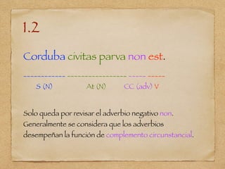 1.2
Corduba civitas parva non est.
____________ _________________ _____ _____
S (N) At (N) CC (adv) V
Solo queda por revisar el adverbio negativo non.
Generalmente se considera que los adverbios
desempeñan la función de complemento circunstancial.
 