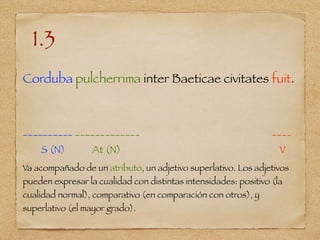 1.3
Corduba pulcherrima inter Baeticae civitates fuit.
__________ _____________ ____
S (N) At (N) V
Va acompañado de un atributo, un adjetivo superlativo. Los adjetivos
pueden expresar la cualidad con distintas intensidades: positivo (la
cualidad normal), comparativo (en comparación con otros), y
superlativo (el mayor grado).
 