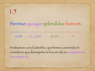1.5
thermae quoque splendidae fuerunt.
___________ __________ ______________ __________
S (N) CC (adv) At (N) V
Finalizamos con el adverbio, que hemos convenido en
considerar que desempeña la función de un complemento
circunstancial.
 