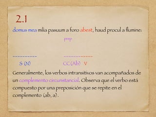 2.1
domus mea milia pasuum a foro abest, haud procul a ﬂumine:
prep
__________ ____________
S (N) CC(Ab) V
Generalmente, los verbos intransitivos van acompañados de
un complemento circunstancial. Observa que el verbo está
compuesto por una preposición que se repite en el
complemento (ab, a).
 