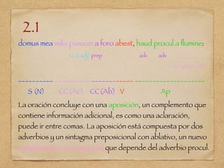 2.1
domus mea milia pasuum a foro abest, haud procul a ﬂumine:
G (Cadj) prep adv adv ___________
CC (prep + Ab)
__________ __________ ____________ ____________________
S (N) CC(Ac) CC(Ab) V Ap
La oración concluye con una aposición, un complemento que
contiene información adicional, es como una aclaración,
puede ir entre comas. La aposición está compuesta por dos
adverbios y un sintagma preposicional con ablativo, un nuevo
complemento circunstancial que depende del adverbio procul.
 