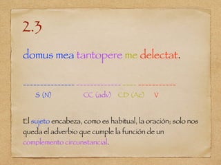 domus mea tantopere me delectat.
_______________ _____________ ____ ___________
S (N) CC (adv) CD (Ac) V
El sujeto encabeza, como es habitual, la oración; solo nos
queda el adverbio que cumple la función de un
complemento circunstancial.
2.3
 
