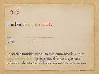 3.5
id imbrium aquas recipit.
___ ________ _________
S (N) CD (Ac) V
La oración transitiva tiene una estructura sencilla, con un
complemento directo y su sujeto, el fórico id que hace
referencia al sustantivo de la oración anterior, compluvium.
 