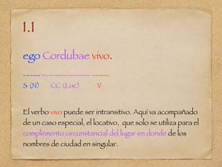 1.1
ego Cordubae vivo.
_____ ______________ _____
S (N) CC (Loc) V
El verbo vivo puede ser intransitivo. Aquí va acompañado
de un caso especial, el locativo, que solo se utiliza para el
complemento circunstancial del lugar en donde de los
nombres de ciudad en singular.
 