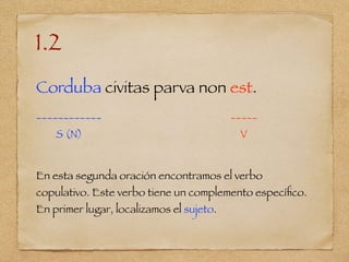 1.2
Corduba civitas parva non est.
____________ _____
S (N) V
En esta segunda oración encontramos el verbo
copulativo. Este verbo tiene un complemento especíﬁco.
En primer lugar, localizamos el sujeto.
 