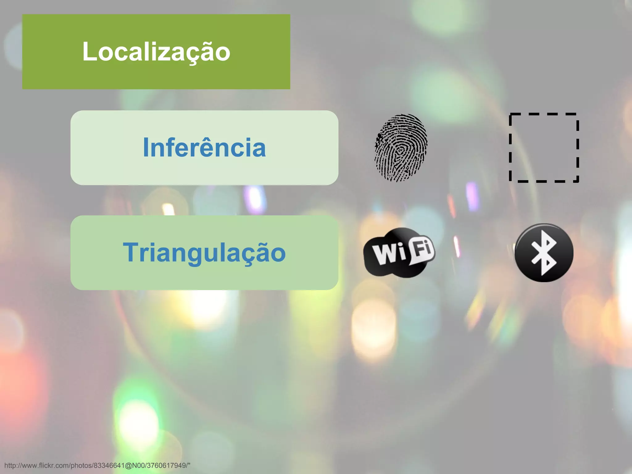 http://www.flickr.com/photos/83346641@N00/3760617949/"
Localização
Inferência
Triangulação
 