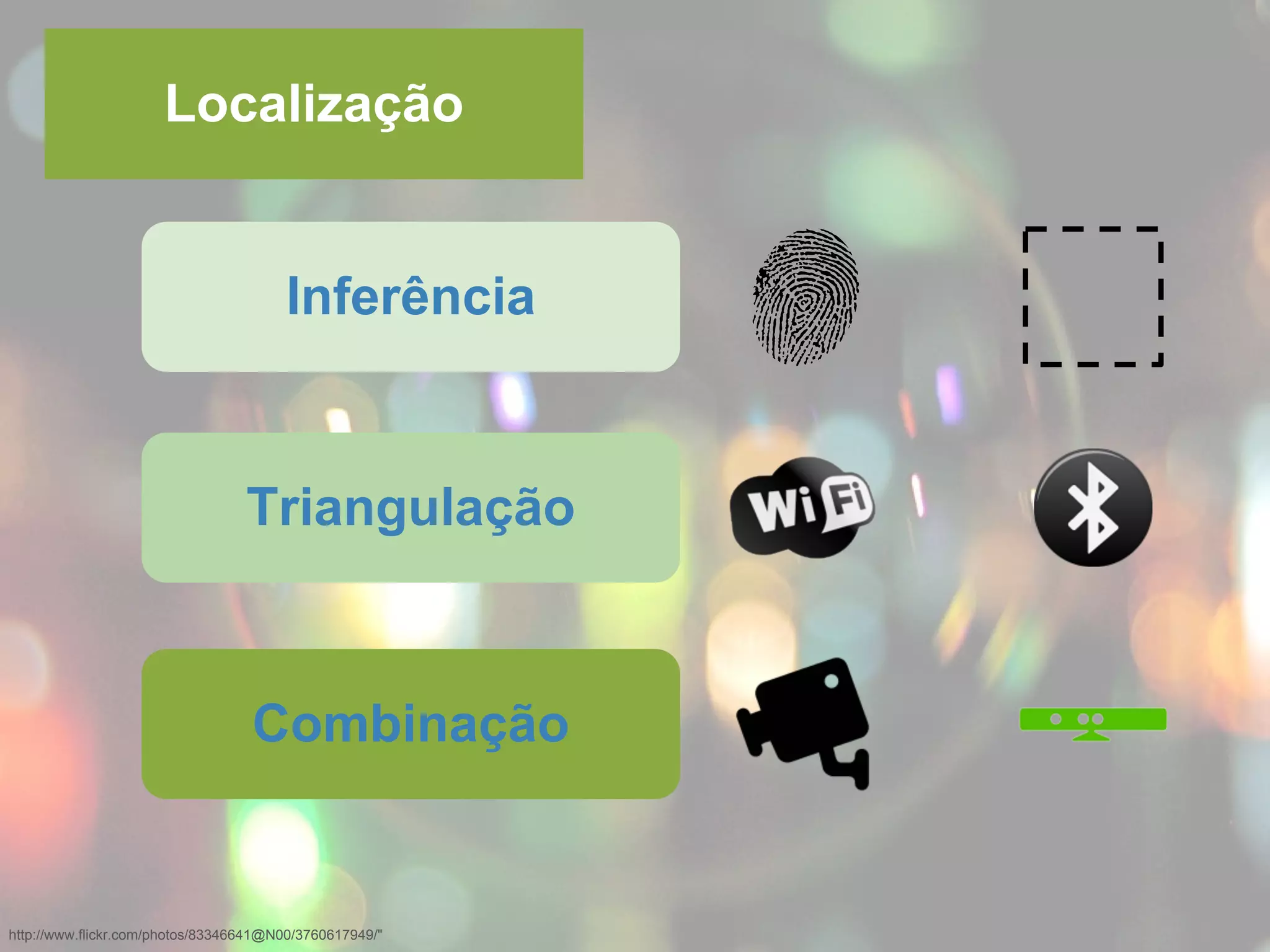 http://www.flickr.com/photos/83346641@N00/3760617949/"
Localização
Inferência
Triangulação
Combinação
 