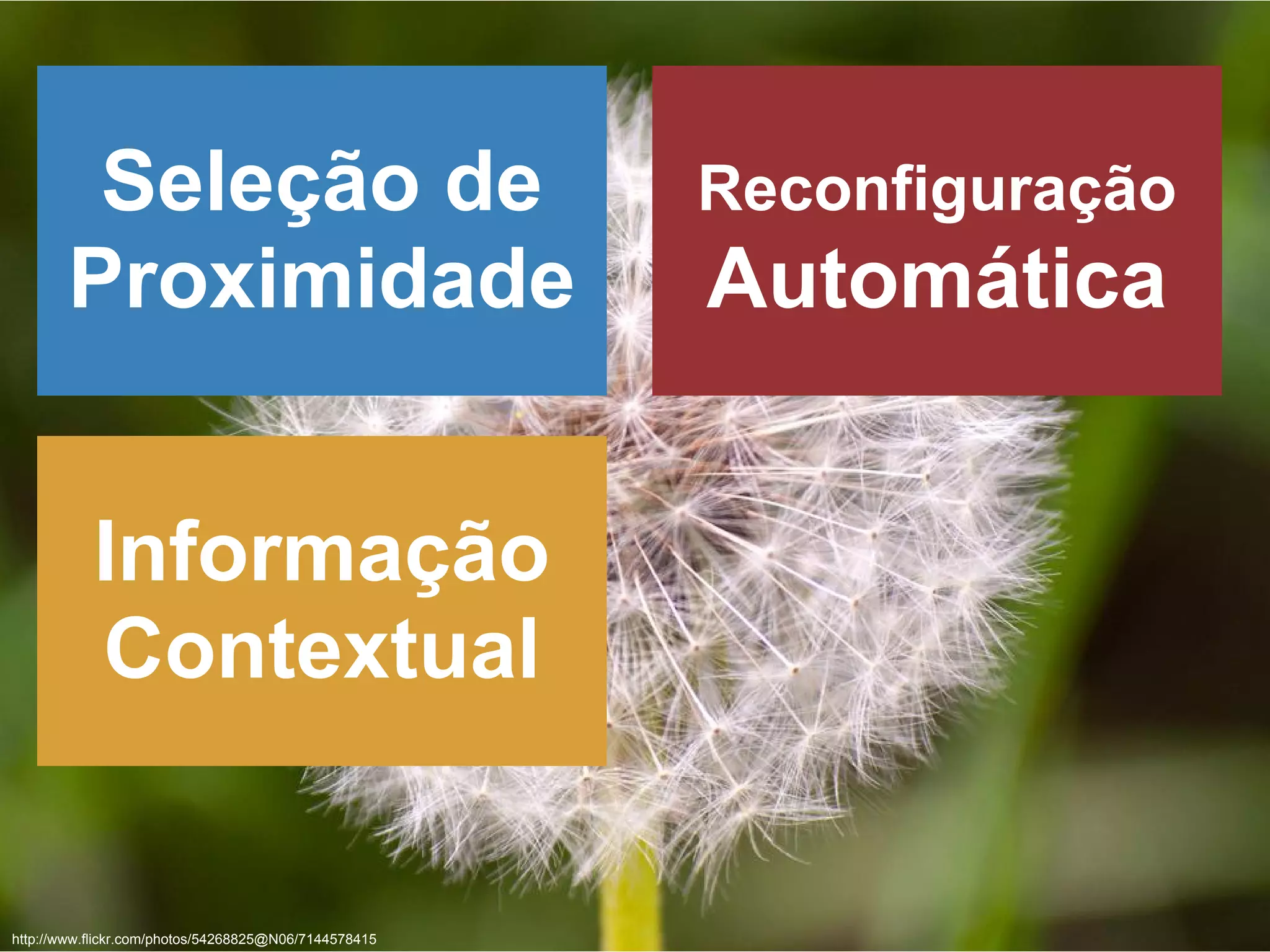 http://www.flickr.com/photos/54268825@N06/7144578415
Reconfiguração
Automática
Seleção de
Proximidade
Informação
Contextual
 