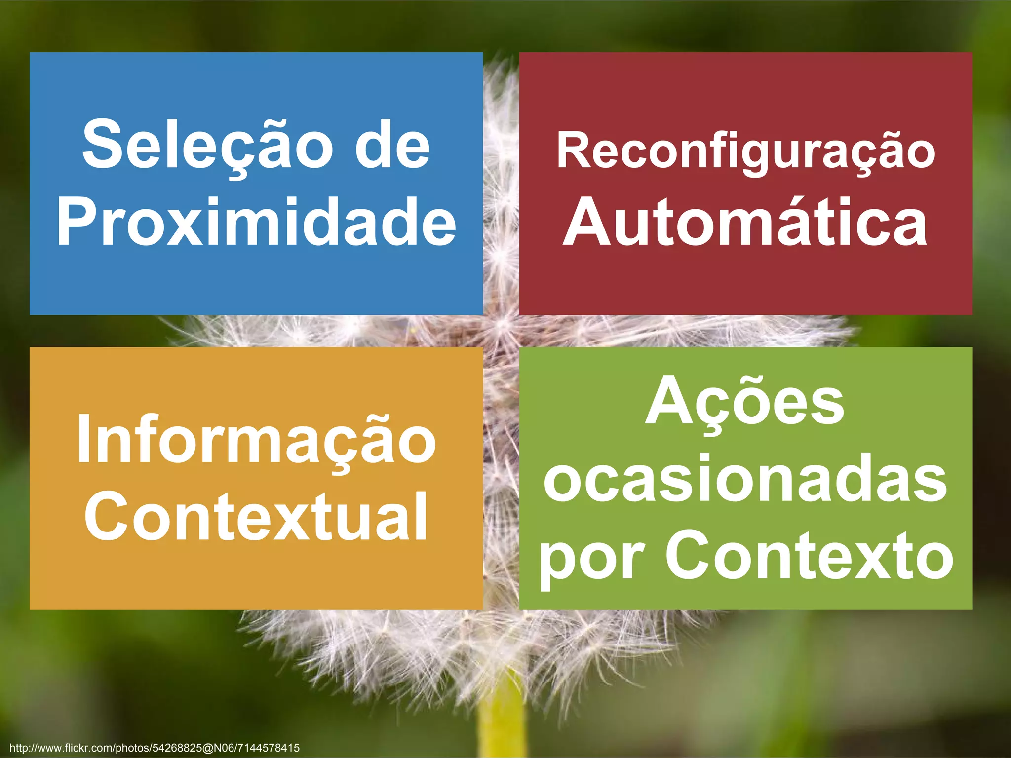 http://www.flickr.com/photos/54268825@N06/7144578415
Reconfiguração
Automática
Seleção de
Proximidade
Ações
ocasionadas
por Contexto
Informação
Contextual
 