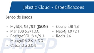 Jelastic Cloud - Especificações
Banco de Dados
- MySQL 5.6/5.7 (JSON)
- MariaDB 5.5/10.0
- PostgreSQL 8.4/9.3
- MongoDB 2.6 / 3.0
- Cassandra 2.0.8
- CounchDB 1.6
- Neo4j 1.9/2.1
- Redis 2.6
 