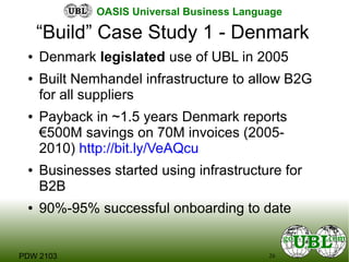 26PDW 2103
OASIS Universal Business Language
“Build” Case Study 1 - Denmark
● Denmark legislated use of UBL in 2005
● Buil...