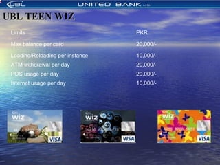 UBL TEEN WIZUBL TEEN WIZ
  Limits PKR
 
 
Max balance per card 20,000/-
  Loading/Reloading per instance 10,000/-
  ATM withdrawal per day 20,000/-
  POS usage per day 20,000/-
  Internet usage per day 10,000/-
  
 