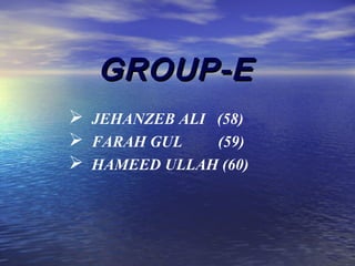 GROUP-EGROUP-E
 JEHANZEB ALI (58)
 FARAH GUL (59)
 HAMEED ULLAH (60)
 