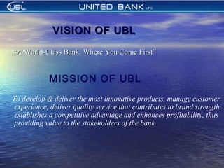 ““A World-Class Bank. Where You Come First”A World-Class Bank. Where You Come First”
VISION OF UBLVISION OF UBL
MISSION OF UBL
To develop & deliver the most innovative products, manage customer
experience, deliver quality service that contributes to brand strength,
establishes a competitive advantage and enhances profitability, thus
providing value to the stakeholders of the bank.
 