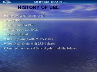  Founder Agha Hassan AbediFounder Agha Hassan Abedi
 Nov 7,1959Nov 7,1959
 Nationalized in 1976Nationalized in 1976
 Privatized on Oct 2002.Privatized on Oct 2002.
 Sponsors include :Sponsors include :
 Best way Group with 25.5% sharesBest way Group with 25.5% shares
 Abu Dhabi Group with 25.5% sharesAbu Dhabi Group with 25.5% shares
 Govt. of Pakistan and General public hold the balanceGovt. of Pakistan and General public hold the balance
HISTORY OF UBLHISTORY OF UBL
 