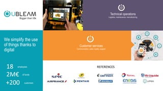 We simplify the use
of things thanks to
digital
Technical operations
Logistics, maintenance, manufacturing
Customer services
Communication, sales, loyalty, support
REFERENCES18
of funds2M€
employees
+200 customers
 