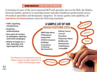 Consisting of some of the most respected HCP and specialty sites on the Web, the Medica 
Network enables sponsors to reach physicians and other healthcare professionals across 
30 medical specialties and therapeutic categories. To ensure quality and capability, all 
UBM MEDICA NETWORK partners meet the following standards: 
• 100% reporting 
transparency 
• Audience 
authentication 
• One point of contact 
to strategize, optimize, 
and track campaigns 
• Ability to target on a 
site, specialty, and 
topic-specific level 
Our Network encompasses over 2.5 
million unique monthly visitors & 7.5 
million monthly page views. 
EMR Daily News 
FPNotebook 
Global RPh 
HITECH Answers 
ICD9data 
Innovations 
in Clinical 
Neuroscience 
Kidney Cancer 
Journal 
OncoZine 
Physicians News 
RadRounds 
Radiopaedia 
TripDatabase 
TrustedMD 
 