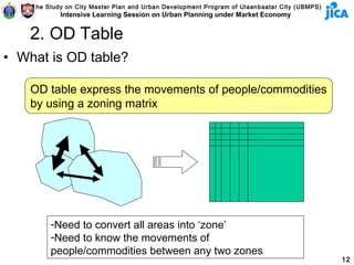 The Study on City Master Plan and Urban Development Program of Ulaanbaatar City (UBMPS)
            Intensive Learning Session on Urban Planning under Market Economy


    2. OD Table
• What is OD table?

    OD table express the movements of people/commodities
    by using a zoning matrix




         -Need to convert all areas into ‘zone’
         -Need to know the movements of
         people/commodities between any two zones
                                                                                              12
 