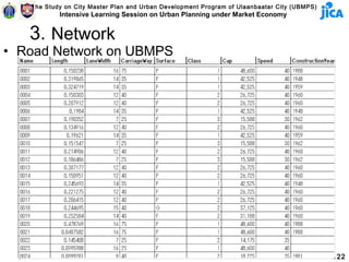 The Study on City Master Plan and Urban Development Program of Ulaanbaatar City (UBMPS)
           Intensive Learning Session on Urban Planning under Market Economy


   3. Network
• Road Network on UBMPS




                                                                                             22
 