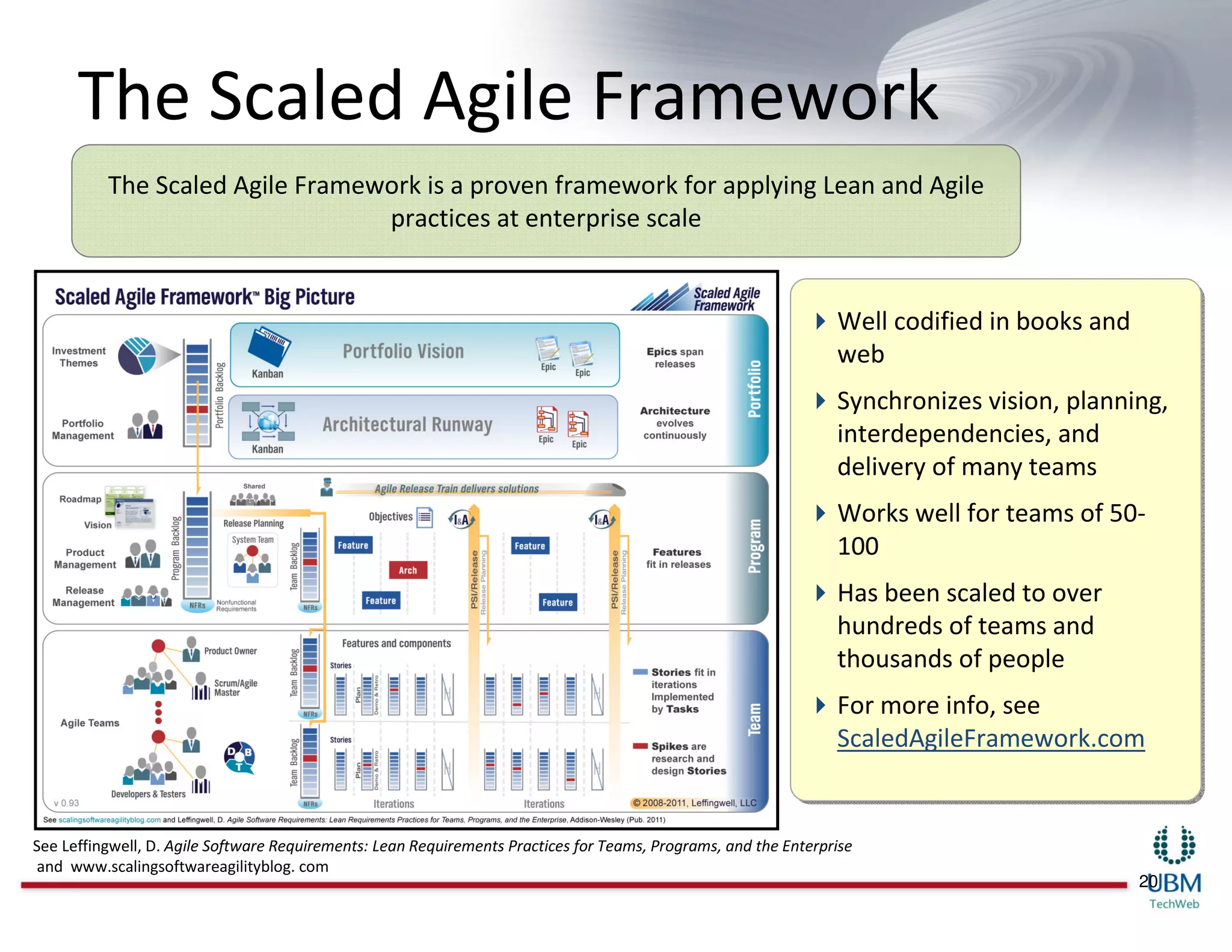 The Scaled Agile Framework
          The Scaled Agile Framework is a proven framework for applying Lean and Agile
                                 practices at enterprise scale


                                                                                                                 Well codified in books and
                                                                                                                 web
                                                                                                                 Synchronizes vision, planning,
                                                                                                                 interdependencies, and
                                                                                                                 delivery of many teams
                                                                                                                 Works well for teams of 50-
                                                                                                                 100
                                                                                                                 Has been scaled to over
                                                                                                                 hundreds of teams and
                                                                                                                 thousands of people
                                                                                                                 For more info, see
                                                                                                                 ScaledAgileFramework.com


See Leffingwell, D. Agile Software Requirements: Lean Requirements Practices for Teams, Programs, and the Enterprise
 and www.scalingsoftwareagilityblog. com
                                                                                                                                              20
 