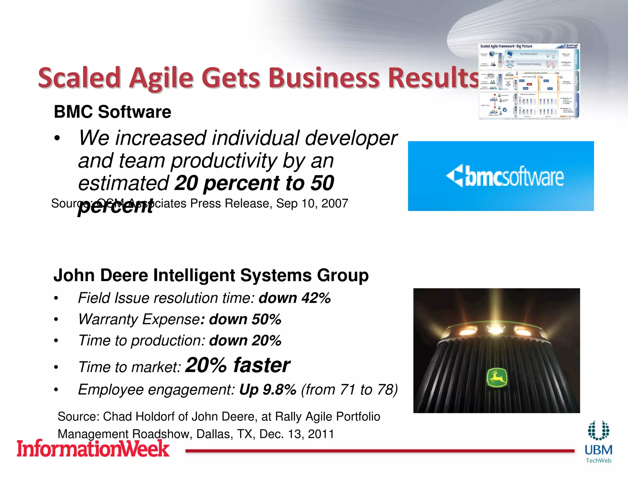 Scaled Agile Gets Business Results
 BMC Software
 • We increased individual developer
     and team productivity by an
     estimated 20 percent to 50
     percent
 Source: QSM Associates Press Release, Sep 10, 2007




 John Deere Intelligent Systems Group
 •   Field Issue resolution time: down 42%
 •   Warranty Expense: down 50%
 •   Time to production: down 20%
 •   Time to market: 20%         faster
 •   Employee engagement: Up 9.8% (from 71 to 78)
 Source: Chad Holdorf of John Deere, at Rally Agile Portfolio
 Management Roadshow, Dallas, TX, Dec. 13, 2011
 