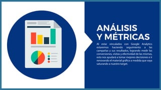 ANÁLISIS
Y MÉTRICAS
Al estar vinculados con Google Analytics
estaremos haciendo seguimiento a las
campañas y sus resultados, logrando medir las
conversiones, visitas y efectividad de las mismas,
esto nos ayudará a tomar mejores decisiones e ir
renovando el material gráfico a medida que vaya
saturando a nuestro target.
 