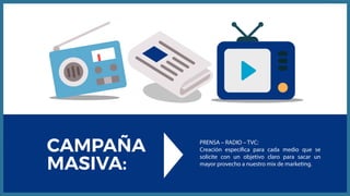 PRENSA – RADIO – TVC:
Creación específica para cada medio que se
solicite con un objetivo claro para sacar un
mayor provecho a nuestro mix de marketing.
CAMPAÑA
MASIVA:
 