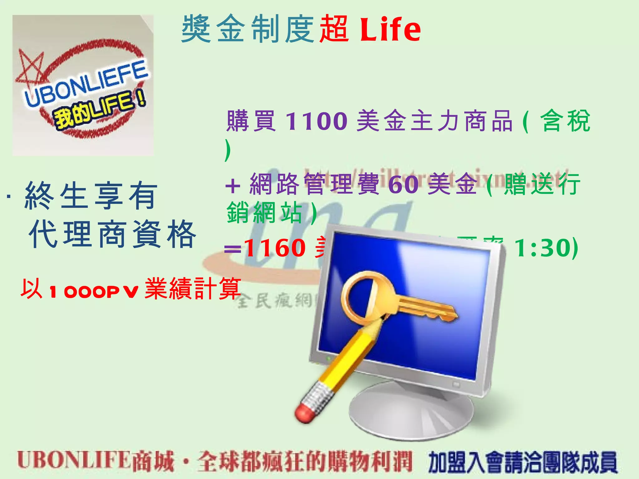 獎金制度 超 Life 購買 1100 美金主力商品 ( 含稅 ) + 網路管理費 60 美金 ( 贈送行銷網站 ) = 1160 美金  ( 固定匯率 1:30) ‧ 終生享有 代理商資格 以 1000PV 業績計算 