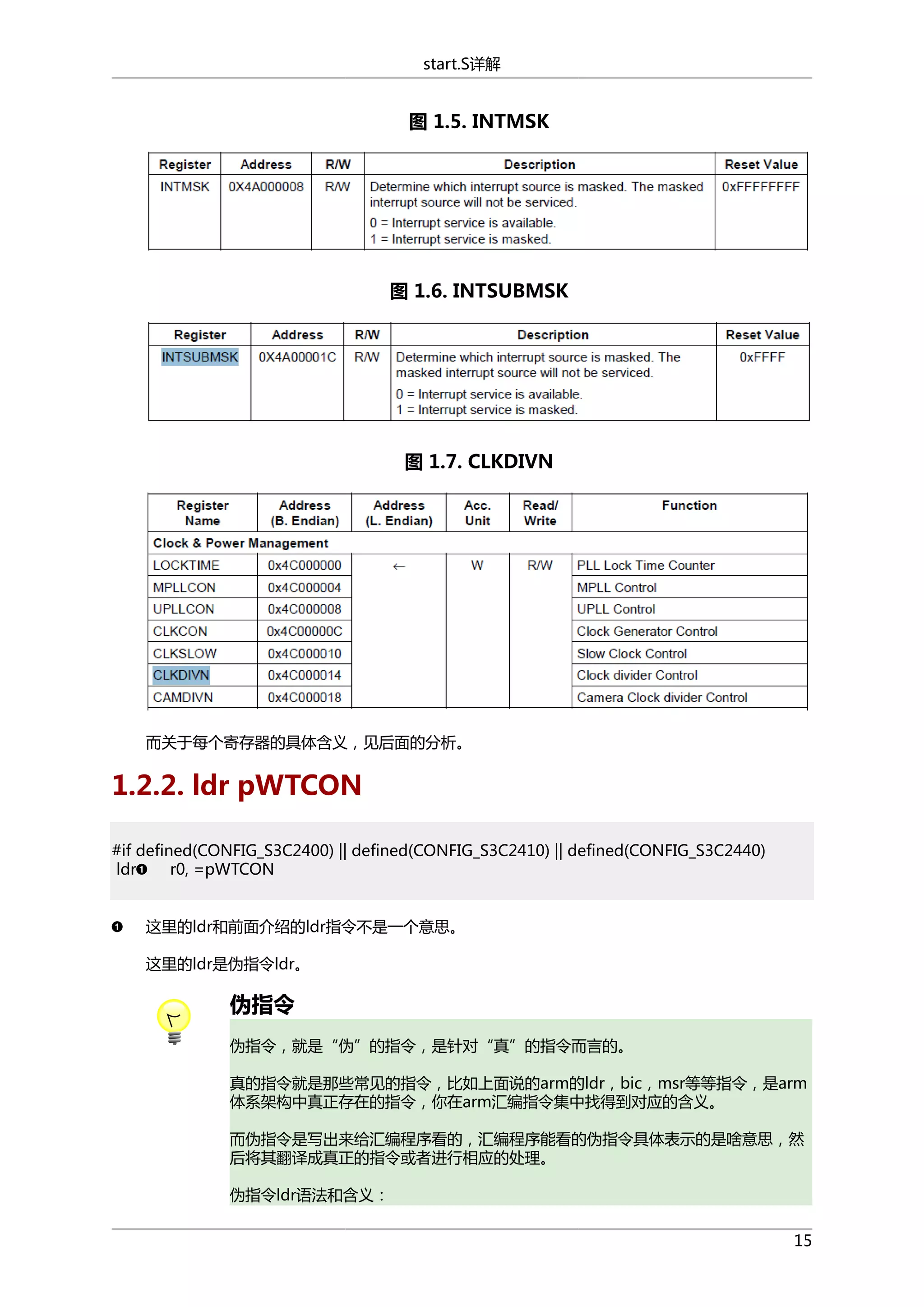 start.S详解

图 1.5. INTMSK

图 1.6. INTSUBMSK

图 1.7. CLKDIVN

而关于每个寄存器的具体含义，见后面的分析。

1.2.2. ldr pWTCON
#if defined(CONFIG_S3C2400) || defined(CONFIG_S3C2410) || defined(CONFIG_S3C2440)
ldr
r0, =pWTCON
这里的ldr和前面介绍的ldr指令不是一个意思。
这里的ldr是伪指令ldr。

伪指令
伪指令，就是“伪”的指令，是针对“真”的指令而言的。
真的指令就是那些常见的指令，比如上面说的arm的ldr，bic，msr等等指令，是arm
体系架构中真正存在的指令，你在arm汇编指令集中找得到对应的含义。
而伪指令是写出来给汇编程序看的，汇编程序能看的伪指令具体表示的是啥意思，然
后将其翻译成真正的指令或者进行相应的处理。
伪指令ldr语法和含义：
15

 