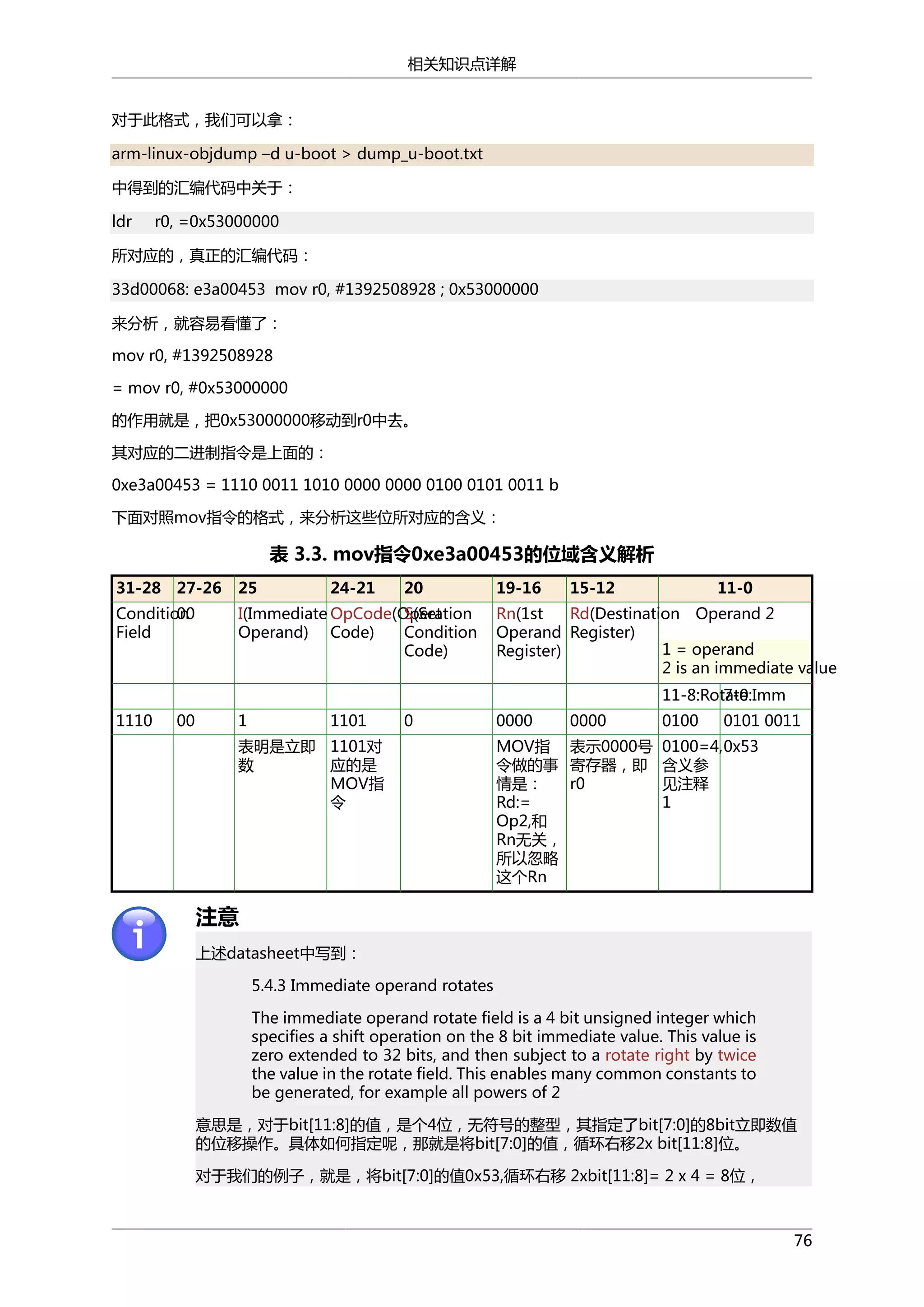 相关知识点详解
对于此格式，我们可以拿：
arm-linux-objdump –d u-boot > dump_u-boot.txt
中得到的汇编代码中关于：
ldr

r0, =0x53000000

所对应的，真正的汇编代码：
33d00068: e3a00453 mov r0, #1392508928 ; 0x53000000
来分析，就容易看懂了：
mov r0, #1392508928
= mov r0, #0x53000000
的作用就是，把0x53000000移动到r0中去。
其对应的二进制指令是上面的：
0xe3a00453 = 1110 0011 1010 0000 0000 0100 0101 0011 b
下面对照mov指令的格式，来分析这些位所对应的含义：

表 3.3. mov指令0xe3a00453的位域含义解析
31-28

27-26

Condition
00
Field

25

24-21

20

I(Immediate OpCode(Operation
S(Set
Operand) Code)
Condition
Code)

19-16

15-12

11-0

Rn(1st
Rd(Destination Operand 2
Operand Register)
1 = operand
Register)
2 is an immediate value
11-8:Rotate
7-0:Imm

1110

00

1

1101

0

表明是立即 1101对
数
应的是
MOV指
令

0000

0000

0100

0101 0011

MOV指 表示0000号 0100=4, 0x53
令做的事 寄存器，即 含义参
情是：
r0
见注释
Rd:=
1
Op2,和
Rn无关，
所以忽略
这个Rn

注意
上述datasheet中写到：
5.4.3 Immediate operand rotates
The immediate operand rotate field is a 4 bit unsigned integer which
specifies a shift operation on the 8 bit immediate value. This value is
zero extended to 32 bits, and then subject to a rotate right by twice
the value in the rotate field. This enables many common constants to
be generated, for example all powers of 2
意思是，对于bit[11:8]的值，是个4位，无符号的整型，其指定了bit[7:0]的8bit立即数值
的位移操作。具体如何指定呢，那就是将bit[7:0]的值，循环右移2x bit[11:8]位。
对于我们的例子，就是，将bit[7:0]的值0x53,循环右移 2xbit[11:8]= 2 x 4 = 8位，

76

 