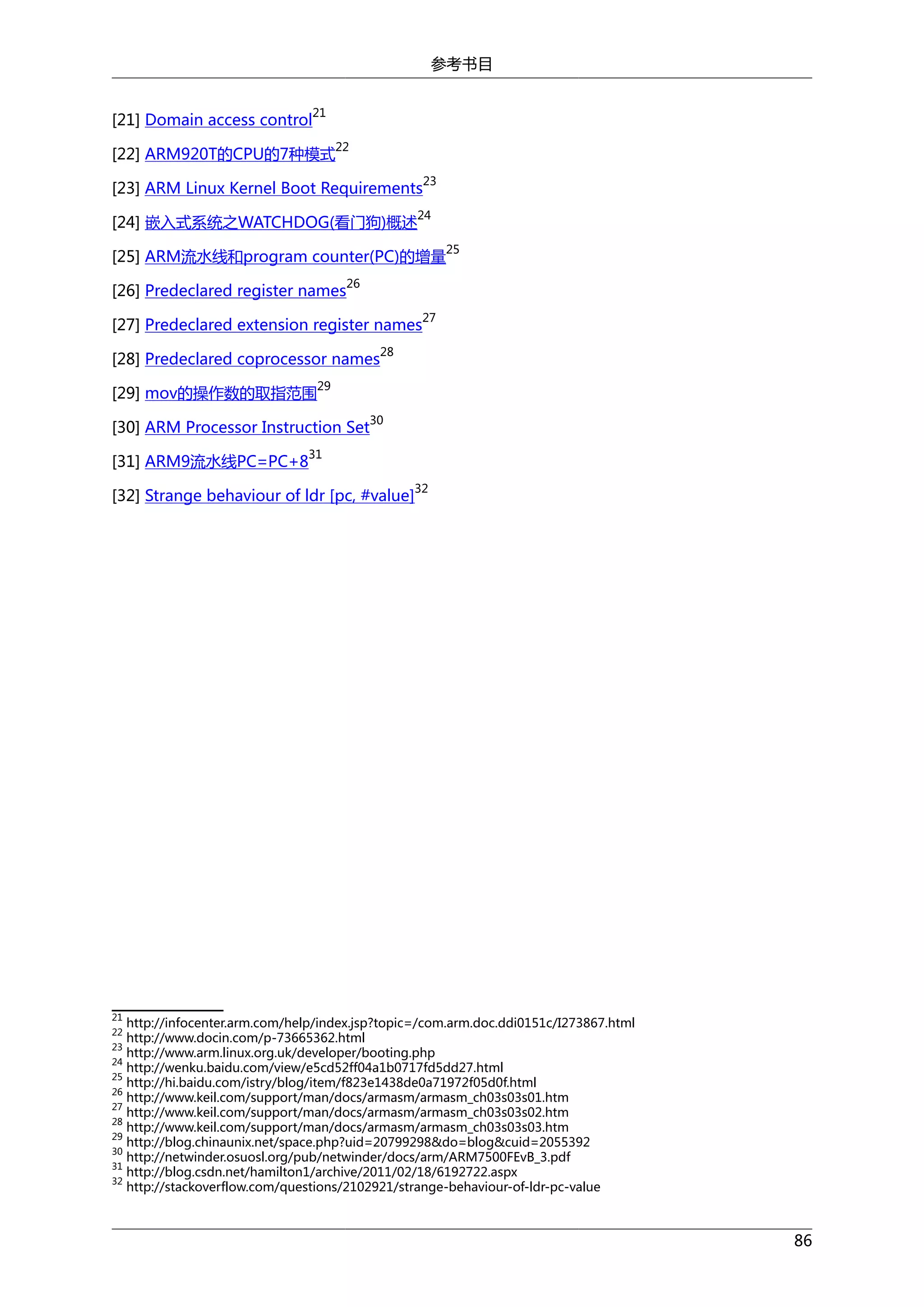 参考书目
[21] Domain access control

21

[22] ARM920T的CPU的7种模式

22
23

[23] ARM Linux Kernel Boot Requirements

24

[24] 嵌入式系统之WATCHDOG(看门狗)概述

25

[25] ARM流水线和program counter(PC)的增量
[26] Predeclared register names

26

[27] Predeclared extension register names

27

28

[28] Predeclared coprocessor names
29

[29] mov的操作数的取指范围

30

[30] ARM Processor Instruction Set
31

[31] ARM9流水线PC=PC+8

32

[32] Strange behaviour of ldr [pc, #value]

21

http://infocenter.arm.com/help/index.jsp?topic=/com.arm.doc.ddi0151c/I273867.html
http://www.docin.com/p-73665362.html
23
http://www.arm.linux.org.uk/developer/booting.php
24
http://wenku.baidu.com/view/e5cd52ff04a1b0717fd5dd27.html
25
http://hi.baidu.com/istry/blog/item/f823e1438de0a71972f05d0f.html
26
http://www.keil.com/support/man/docs/armasm/armasm_ch03s03s01.htm
27
http://www.keil.com/support/man/docs/armasm/armasm_ch03s03s02.htm
28
http://www.keil.com/support/man/docs/armasm/armasm_ch03s03s03.htm
29
http://blog.chinaunix.net/space.php?uid=20799298&do=blog&cuid=2055392
30
http://netwinder.osuosl.org/pub/netwinder/docs/arm/ARM7500FEvB_3.pdf
31
http://blog.csdn.net/hamilton1/archive/2011/02/18/6192722.aspx
32
http://stackoverflow.com/questions/2102921/strange-behaviour-of-ldr-pc-value
22

86

 