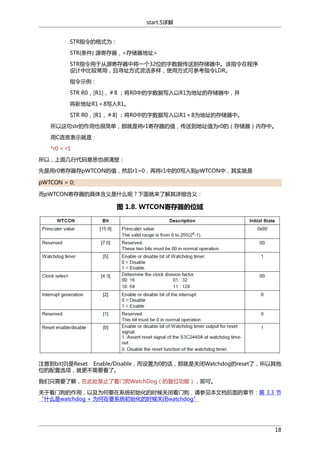 start.S详解
STR指令的格式为：
STR{条件} 源寄存器，<存储器地址>
STR指令用于从源寄存器中将一个32位的字数据传送到存储器中。该指令在程序
设计中比较常用，且寻址方式灵活多样，使用方式可参考指令LDR。
指令示例：
STR R0，[R1]，＃8 ；将R0中的字数据写入以R1为地址的存储器中，并
将新地址R1＋8写入R1。
STR R0，[R1，＃8] ；将R0中的字数据写入以R1＋8为地址的存储器中。
所以这句str的作用也很简单，那就是将r1寄存器的值，传送到地址值为r0的（存储器）内存中。
用C语言表示就是：
*r0 = r1
所以，上面几行代码意思也很清楚：
先是用r0寄存器存pWTCON的值，然后r1=0，再将r1中的0写入到pWTCON中，其实就是
pWTCON = 0;
而pWTCON寄存器的具体含义是什么呢？下面就来了解其详细含义：

图 1.8. WTCON寄存器的位域

注意到bit[0]是Reset Enable/Disable，而设置为0的话，那就是关闭Watchdog的reset了，所以其他
位的配置选项，就更不需要看了。
我们只需要了解，在此处禁止了看门狗WatchDog（的复位功能），即可。
关于看门狗的作用，以及为何要在系统初始化的时候关闭看门狗，请参见本文档后面的章节：第 3.3 节
“什么是watchdog + 为何在要系统初始化的时候关闭watchdog”

18

 