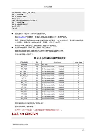 start.S详解
# if defined(CONFIG_S3C2410)
ldr r1, =0x3ff
ldr r0, =INTSUBMSK
str r1, [r0]
# elif defined(CONFIG_S3C2440)
ldr r1, =0x7fff
ldr r0, =INTSUBMSK
str r1, [r0]
# endif
此处是将2410的INTSUBMSK设置为0x3ff。
3

后经HateMath 的提醒后，去查证，的确此处设置的0x3ff，是不严谨的。
因为，根据2410的datasheet中关于INTSUBMSK的解释，bit[10:0]共11位，虽然默认reset的每
一位都是1，但是此处对应的mask值，应该是11位全为1=0x7ff。
即写成0x3ff，虽然是可以正常工作的，但是却不够严谨的。
此处CPU是是S3C2440，所以用到0x7fff这段代码。
其意思也很容易看懂，就是将INTSUBMSK寄存器的值设置为0x7fff。
先贴出对应每一位的含义：

图 1.10. INTSUBMSK寄存器的位域

然后我们再来分析对应的0x7fff是啥含义。
其实也很简单，意思就是：
0x7fff = bit[14:0]全是1 = 上表中的全部中断都被屏蔽（mask）。

1.3.3. set CLKDIVN

3

hatemath2005@163.com

21

 