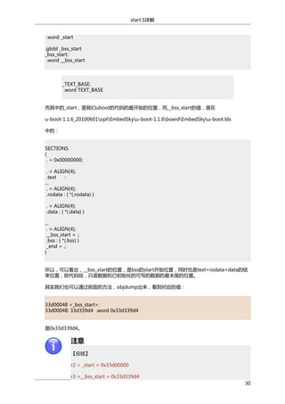 start.S详解
.word _start
.globl _bss_start
_bss_start:
.word __bss_start

_TEXT_BASE:
.word TEXT_BASE
而其中的_start，是我们uboot的代码的最开始的位置，而__bss_start的值，是在
u-boot-1.1.6_20100601optEmbedSkyu-boot-1.1.6boardEmbedSkyu-boot.lds
中的：
SECTIONS
{
. = 0x00000000;
. = ALIGN(4);
.text
:
...
. = ALIGN(4);
.rodata : { *(.rodata) }
. = ALIGN(4);
.data : { *(.data) }
...
. = ALIGN(4);
__bss_start = .;
.bss : { *(.bss) }
_end = .;
}
所以，可以看出，__bss_start的位置，是bss的start开始位置，同时也是text+rodata+data的结
束位置，即代码段，只读数据和已初始化的可写的数据的最末尾的位置。
其实我们也可以通过前面的方法，objdump出来，看到对应的值：
33d00048 <_bss_start>:
33d00048: 33d339d4 .word 0x33d339d4
是0x33d339d4。

注意
【总结】
r2 = _start = 0x33d00000
r3 =__bss_start = 0x33d339d4
30

 