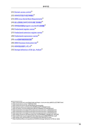 参考书目
[21] Domain access control

21

[22] ARM920T的CPU的7种模式

22
23

[23] ARM Linux Kernel Boot Requirements

24

[24] 嵌入式系统之WATCHDOG(看门狗)概述

25

[25] ARM流水线和program counter(PC)的增量
[26] Predeclared register names

26

[27] Predeclared extension register names

27

28

[28] Predeclared coprocessor names
29

[29] mov的操作数的取指范围

30

[30] ARM Processor Instruction Set
31

[31] ARM9流水线PC=PC+8

32

[32] Strange behaviour of ldr [pc, #value]

21

http://infocenter.arm.com/help/index.jsp?topic=/com.arm.doc.ddi0151c/I273867.html
http://www.docin.com/p-73665362.html
23
http://www.arm.linux.org.uk/developer/booting.php
24
http://wenku.baidu.com/view/e5cd52ff04a1b0717fd5dd27.html
25
http://hi.baidu.com/istry/blog/item/f823e1438de0a71972f05d0f.html
26
http://www.keil.com/support/man/docs/armasm/armasm_ch03s03s01.htm
27
http://www.keil.com/support/man/docs/armasm/armasm_ch03s03s02.htm
28
http://www.keil.com/support/man/docs/armasm/armasm_ch03s03s03.htm
29
http://blog.chinaunix.net/space.php?uid=20799298&do=blog&cuid=2055392
30
http://netwinder.osuosl.org/pub/netwinder/docs/arm/ARM7500FEvB_3.pdf
31
http://blog.csdn.net/hamilton1/archive/2011/02/18/6192722.aspx
32
http://stackoverflow.com/questions/2102921/strange-behaviour-of-ldr-pc-value
22

86

 