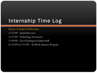Internship Time Log Hours & Tasks/Reflection 4/15/09 – Initial Interview 5/22/09 – Technology Assessment 5/28/09 – Excel Training for Admin Staff 6/23/09 to7/31/09 – Six Week Summer Program 