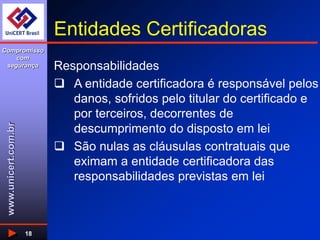 www.unicert.com.br
Compromisso
com
segurança
18
Entidades Certificadoras
Responsabilidades
 A entidade certificadora é responsável pelos
danos, sofridos pelo titular do certificado e
por terceiros, decorrentes de
descumprimento do disposto em lei
 São nulas as cláusulas contratuais que
eximam a entidade certificadora das
responsabilidades previstas em lei
 