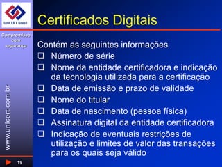 www.unicert.com.br
Compromisso
com
segurança
19
Certificados Digitais
Contém as seguintes informações
 Número de série
 Nome da entidade certificadora e indicação
da tecnologia utilizada para a certificação
 Data de emissão e prazo de validade
 Nome do titular
 Data de nascimento (pessoa física)
 Assinatura digital da entidade certificadora
 Indicação de eventuais restrições de
utilização e limites de valor das transações
para os quais seja válido
 