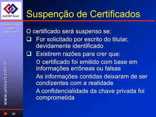 www.unicert.com.br
Compromisso
com
segurança
21
Suspenção de Certificados
O certificado será suspenso se:
 For solicitado por escrito do titular,
devidamente identificado
 Existirem razões para crer que:
O certificado foi emitido com base em
informações errôneas ou falsas
As informações contidas deixaram de ser
condizentes com a realidade
A confidencialidade da chave privada foi
comprometida
 