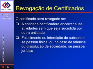 www.unicert.com.br
Compromisso
com
segurança
24
Revogação de Certificados
O certificado será revogado se:
 A entidade certificadora encerrar suas
atividades sem que seja sucedida por
outra entidade
 Falecimento ou interdição do subscritor,
se pessoa física, ou no caso de falência
ou dissolução de sociedade, se pessoa
jurídica
 