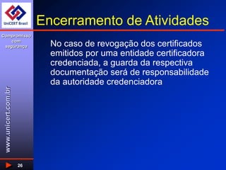 www.unicert.com.br
Compromisso
com
segurança
26
Encerramento de Atividades
No caso de revogação dos certificados
emitidos por uma entidade certificadora
credenciada, a guarda da respectiva
documentação será de responsabilidade
da autoridade credenciadora
 