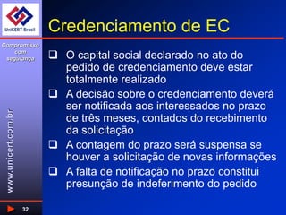 www.unicert.com.br
Compromisso
com
segurança
32
Credenciamento de EC
 O capital social declarado no ato do
pedido de credenciamento deve estar
totalmente realizado
 A decisão sobre o credenciamento deverá
ser notificada aos interessados no prazo
de três meses, contados do recebimento
da solicitação
 A contagem do prazo será suspensa se
houver a solicitação de novas informações
 A falta de notificação no prazo constitui
presunção de indeferimento do pedido
 