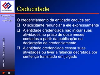 www.unicert.com.br
Compromisso
com
segurança
33
Caducidade
O credenciamento da entidade caduca se:
 O solicitante renunciar a ele expressamente
 A entidade credenciada não iniciar suas
atividades no prazo de doze meses
contados a partir da publicação da
declaração de credenciamento
 A entidade credenciada cessar suas
atividades ou tiver a falência decretada por
sentença transitada em julgado
 