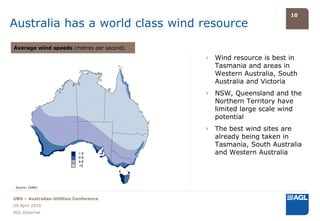 10

Australia has a world class wind resource
Average wind speeds (metres per second)

                                          › Wind resource is best in
                                            Tasmania and areas in
                                            Western Australia, South
                                            Australia and Victoria
                                          › NSW, Queensland and the
                                            Northern Territory have
                                            limited large scale wind
                                            potential
                                          › The best wind sites are
                                            already being taken in
                                            Tasmania, South Australia
                            >8              and Western Australia
                            6-8
                            4-6
                            <4




 Source: CSIRO



UBS – Australian Utilities Conference
29 April 2010
AGL External
 