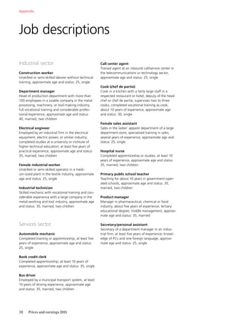 38	 Prices and earnings 2015
Industrial sector
Construction worker
Unskilled or semi-skilled laborer without technical
training, approximate age and status: 25, single
Department manager
Head of production department with more than
100 employees in a sizable company in the metal
processing, machinery, or tool-making industry;
full vocational training and considerable profes-
sional experience, approximate age and status:
40, married, two children
Electrical engineer
Employed by an industrial firm in the electrical
equipment, electric power, or similar industry;
completed studies at a university or institute of
higher technical education; at least five years of
practical experience, approximate age and status:
35, married, two children
Female industrial worker
Unskilled or semi-skilled operator in a medi-
um-sized plant in the textile industry, approximate
age and status: 25, single
Industrial technician
Skilled mechanic with vocational training and con-
siderable experience with a large company in the
metal-working and tool industry, approximate age
and status: 35, married, two children
Services sector
Automobile mechanic
Completed training or apprenticeship, at least five
years of experience, approximate age and status:
25, single
Bank credit clerk
Completed apprenticeship, at least 10 years of
experience, approximate age and status: 35, single
Bus driver
Employed by a municipal transport system, at least
10 years of driving experience, approximate age
and status: 35, married, two children
Call center agent
Trained agent at an inbound call/service center in
the telecommunications or technology sector,
approximate age and status: 25, single
Cook (chef de partie)
Cook in a kitchen with a fairly large staff in a
respected restaurant or hotel, deputy of the head
chef or chef de partie, supervises two to three
cooks, completed vocational training as cook,
about 10 years of experience, approximate age
and status: 30, single
Female sales assistant
Sales in the ladies’ apparel department of a large
department store, specialized training in sales,
­several years of experience, approximate age and
status: 25, single
Hospital nurse
Completed apprenticeship or studies, at least 10
years of experience, approximate age and status:
35, married, two children
Primary public school teacher
Teaching for about 10 years in government-oper-
ated schools, approximate age and status: 35,
married, two children
Product manager
Manager in pharmaceutical, chemical or food
industry, about five years of experience, tertiary
educational degree, middle management, approxi-
mate age and status: 35, married
Secretary/personal assistant
Secretary of a department manager in an indus-
trial firm, at least five years of experience; knowl-
edge of PCs and one foreign language, approxi-
mate age and status: 25, single
Job descriptions
Appendix
 