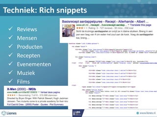  Reviews
 Mensen
 Producten
 Recepten
 Evenementen
 Muziek
 Films
Techniek: Rich snippets
 