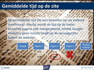 De gemiddelde tijd die een bezoeker op uw website
doorbrengt. Hierbij wordt de tijd op de laatst
bezochte pagina niet meegerekend, omdat Google
Analytics geen inzicht heeft op de vervolgacties
buiten de website.
Google Pagina 1 Pagina 2 Pagina 3
Andere
website
0:20 0:35 1:20
0:20 0:55 2:150:00
Tijd per pagina
Tijd op site
Gemiddelde tijd op de site
 