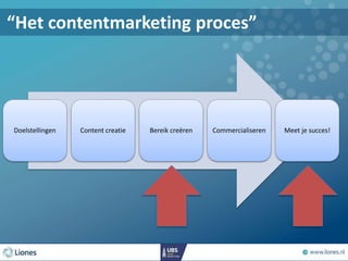Doelstellingen Content creatie Bereik creëren Commercialiseren Meet je succes!
“Het contentmarketing proces”
 