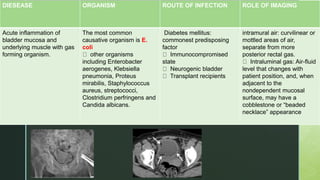 z
DIESEASE ORGANISM ROUTE OF INFECTION ROLE OF IMAGING
Acute inflammation of
bladder mucosa and
underlying muscle with gas
forming organism.
The most common
causative organism is E.
coli
other organisms
including Enterobacter
aerogenes, Klebsiella
pneumonia, Proteus
mirabilis, Staphylococcus
aureus, streptococci,
Clostridium perfringens and
Candida albicans.
Diabetes mellitus:
commonest predisposing
factor
Immunocompromised
state
Neurogenic bladder
Transplant recipients
intramural air: curvilinear or
mottled areas of air,
separate from more
posterior rectal gas.
Intraluminal gas: Air-fluid
level that changes with
patient position, and, when
adjacent to the
nondependent mucosal
surface, may have a
cobblestone or “beaded
necklace” appearance
 